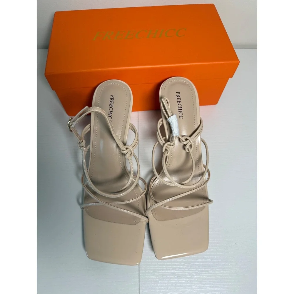 Freechicc Nude Beige Strappy Square Toe Heeled Sandals Size 9 Patent Knotted